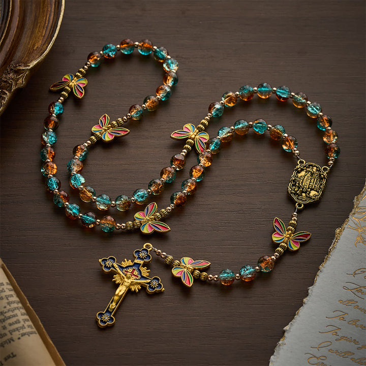 SolaceBeads Blue &amp; Amber Glass Beads with Colorful Butterfly Rosary: Hope renewed, Hope transformed - image 2