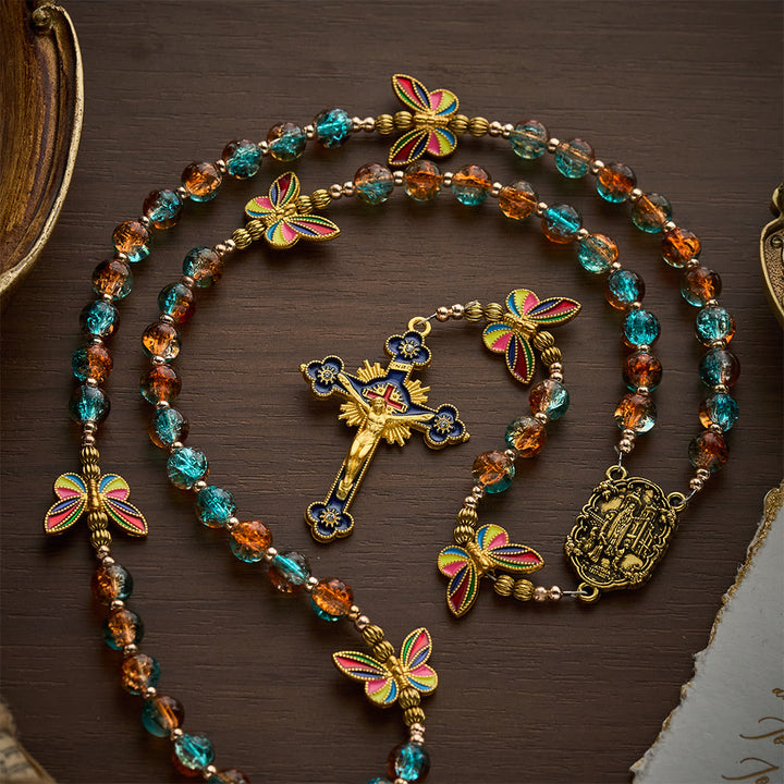 SolaceBeads Blue &amp; Amber Glass Beads with Colorful Butterfly Rosary: Hope renewed, Hope transformed - image 4