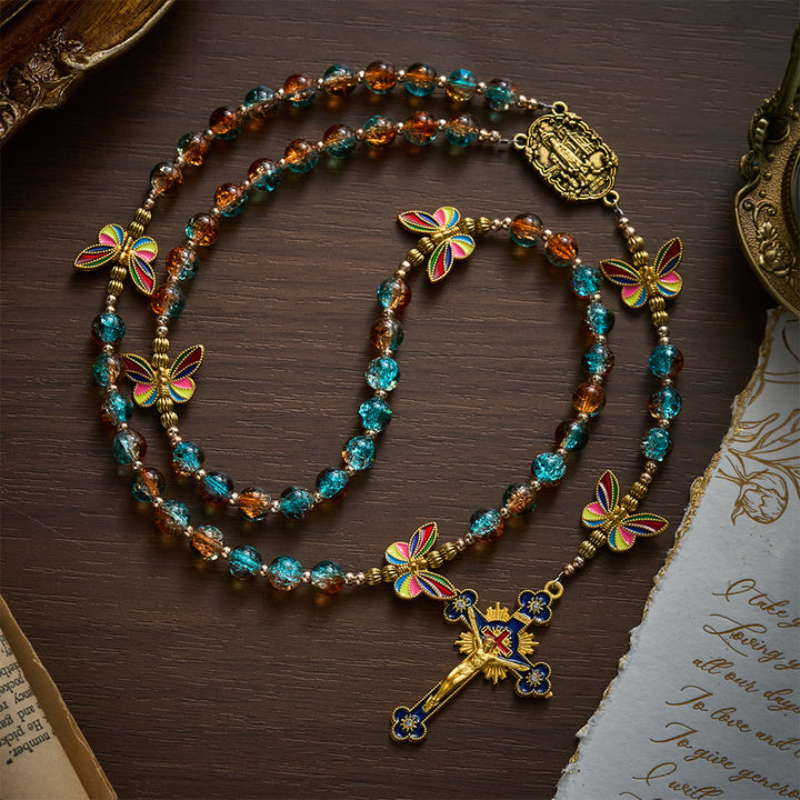 SolaceBeads Blue &amp; Amber Glass Beads with Colorful Butterfly Rosary: Hope renewed, Hope transformed - image 3