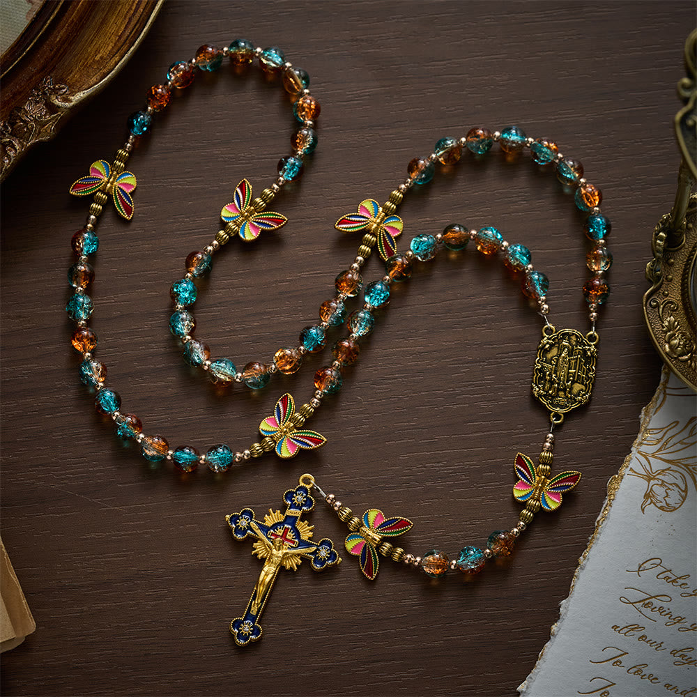 SolaceBeads Blue &amp; Amber Glass Beads with Colorful Butterfly Rosary: Hope renewed, Hope transformed - Blue &amp; Amber - image 0