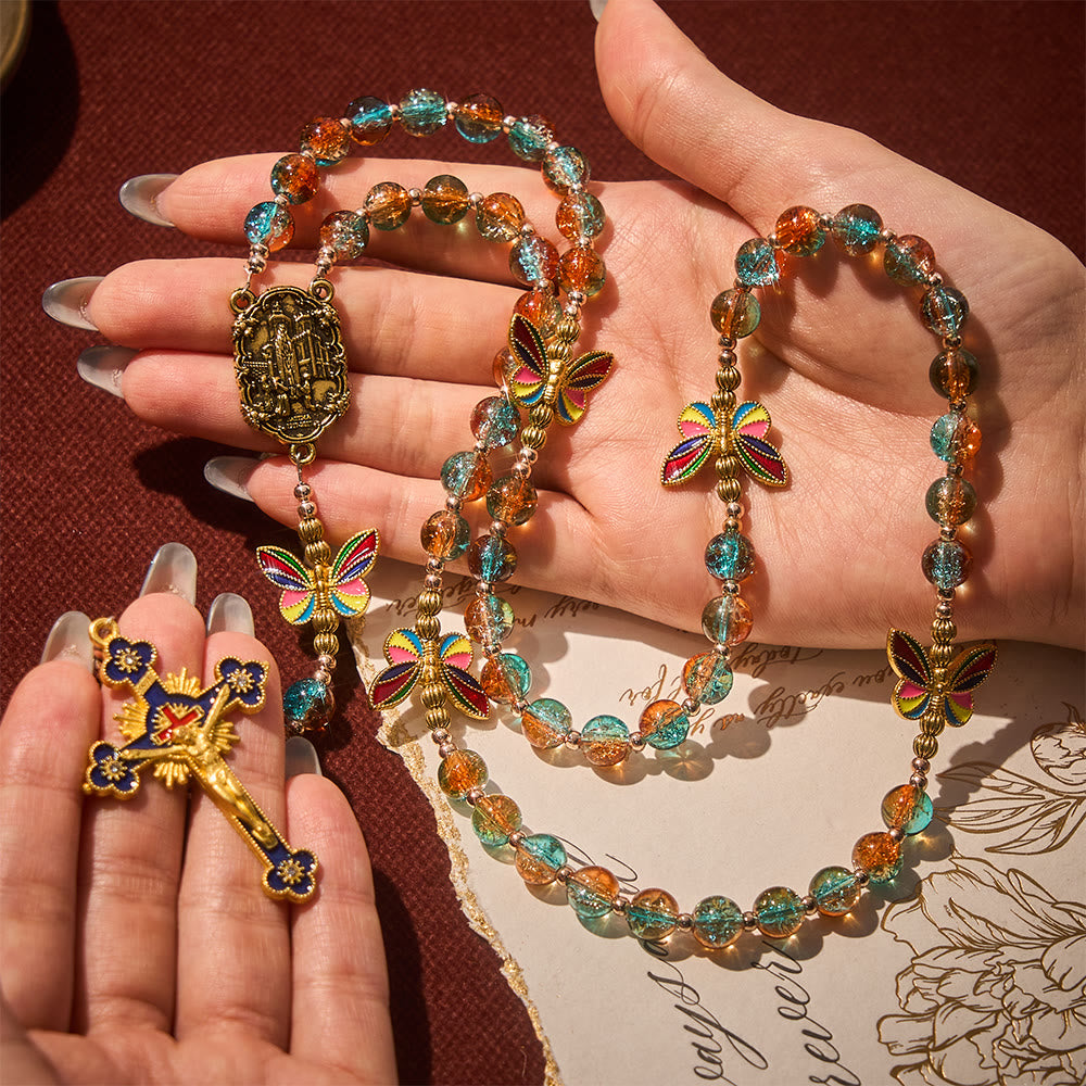 SolaceBeads Blue &amp; Amber Glass Beads with Colorful Butterfly Rosary: Hope renewed, Hope transformed - image 1