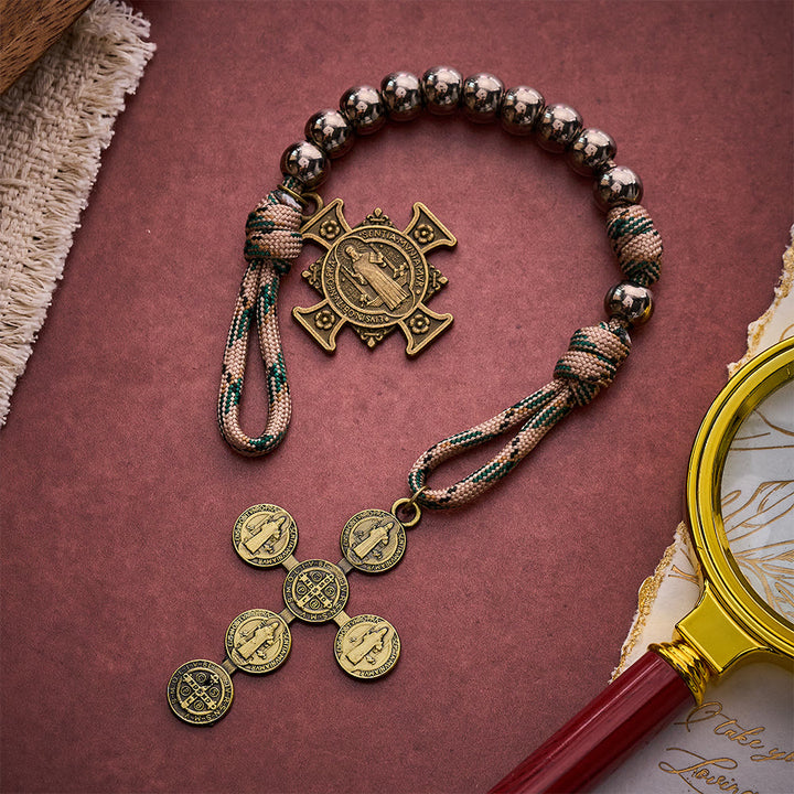 SolaceBeads Gunmetal Beads Pocket Rosary With St. Benedict Medal &amp; Cross: Protection in Woven Cord - Gunmetal - image 0