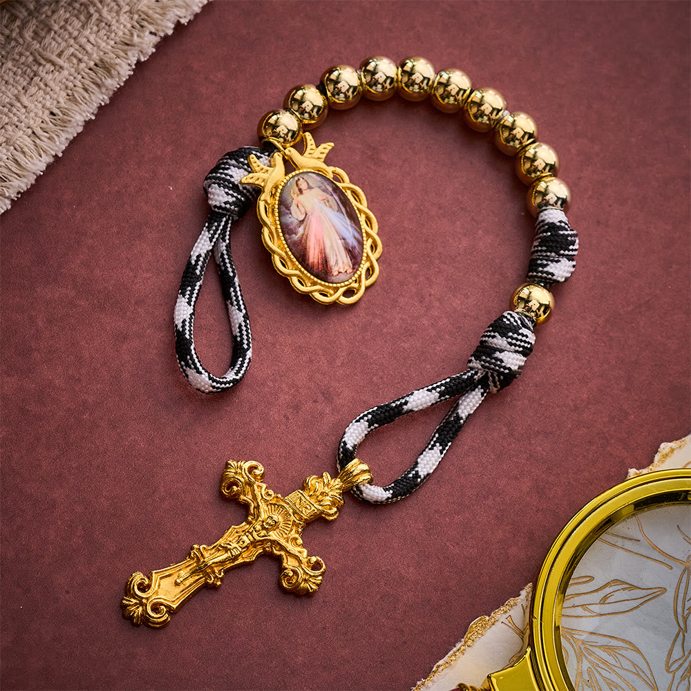 SolaceBeads Golden Pocket Rosary With Divine Mercy Medal &amp; Crucifix: Grace in Woven Cord - Gold - image 0