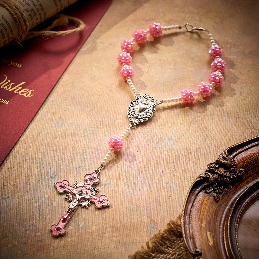 SolaceBeads Pink Rhinestone Car Rosary With Sacred Heart &amp; Pink Crucifix: Devotion in Sparkling Bead - Red - image 0
