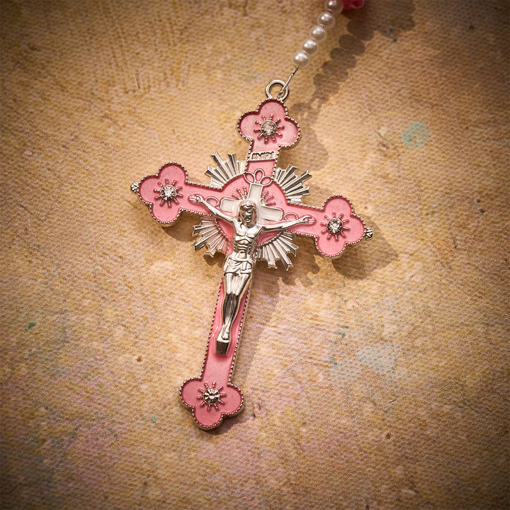 SolaceBeads Pink Rhinestone Car Rosary With Sacred Heart &amp; Pink Crucifix: Devotion in Sparkling Bead - image 3