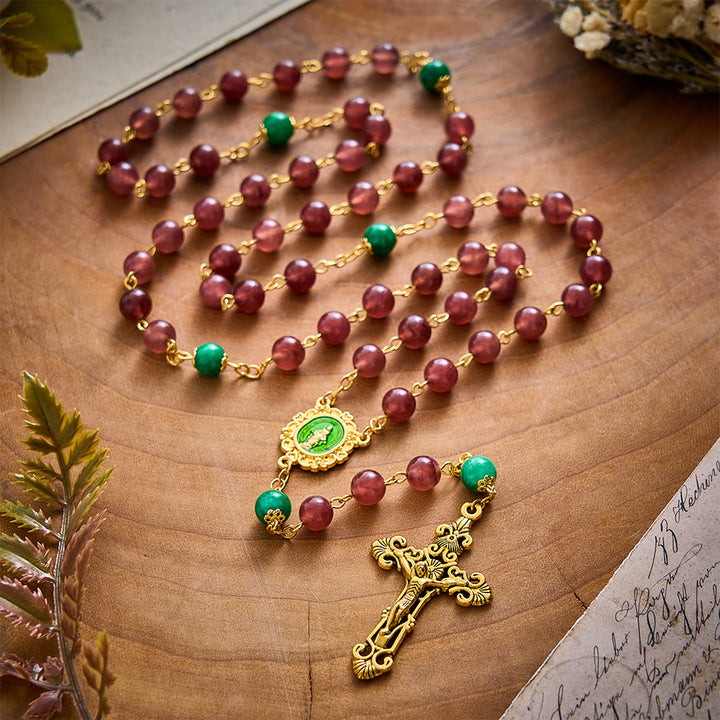 SolaceBeads Strawberry Quartz &amp; Green Jade Rosary With Miraculous Medal: Warm Blessing for Christmas - image 7