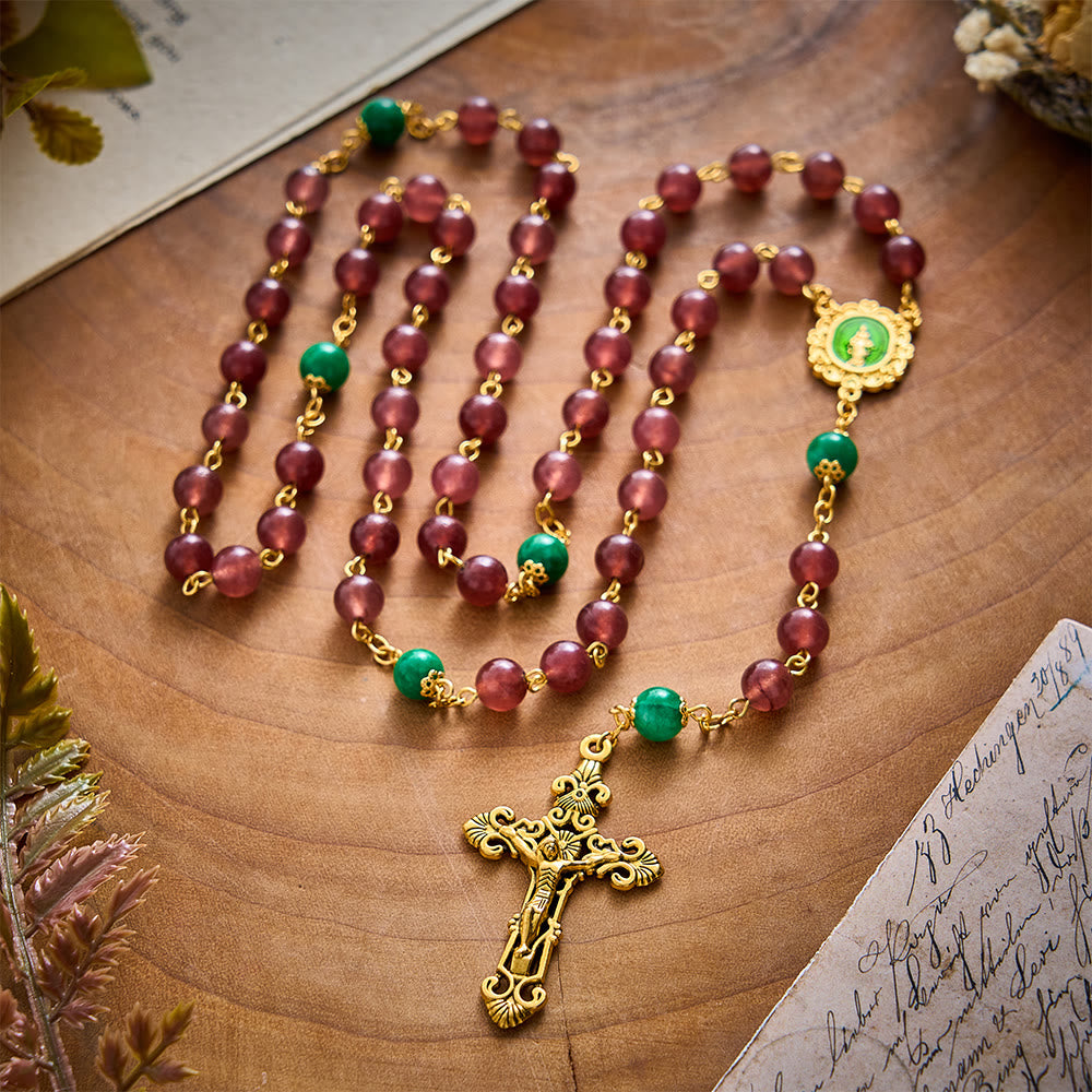 SolaceBeads Strawberry Quartz &amp; Green Jade Rosary With Miraculous Medal: Warm Blessing for Christmas - image 6