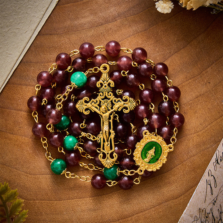 SolaceBeads Strawberry Quartz &amp; Green Jade Rosary With Miraculous Medal: Warm Blessing for Christmas - image 4