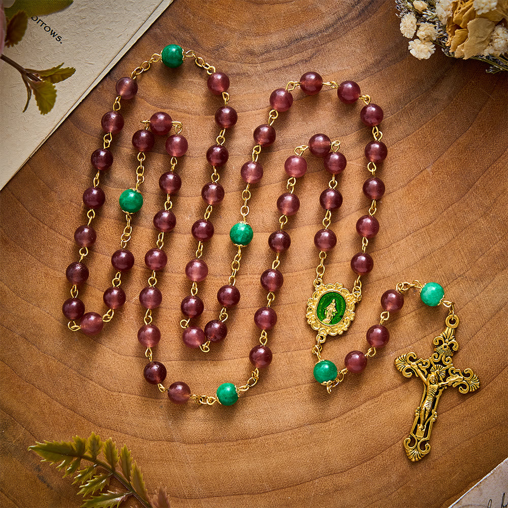 SolaceBeads Strawberry Quartz &amp; Green Jade Rosary With Miraculous Medal: Warm Blessing for Christmas - Red &amp; Green - image 0