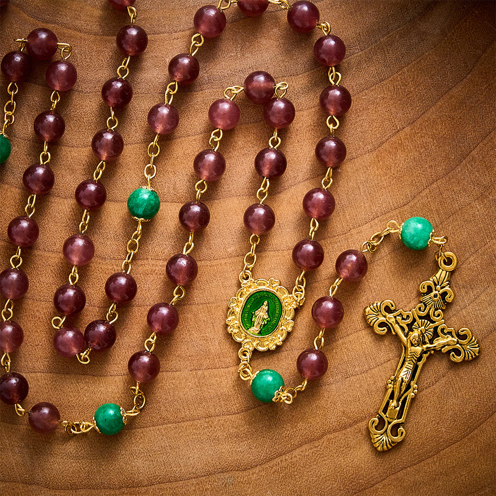 SolaceBeads Strawberry Quartz &amp; Green Jade Rosary With Miraculous Medal: Warm Blessing for Christmas - image 2
