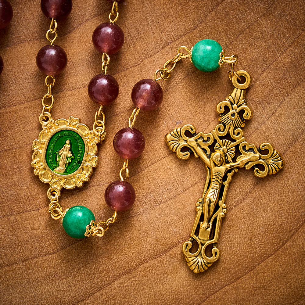 SolaceBeads Strawberry Quartz &amp; Green Jade Rosary With Miraculous Medal: Warm Blessing for Christmas - image 4