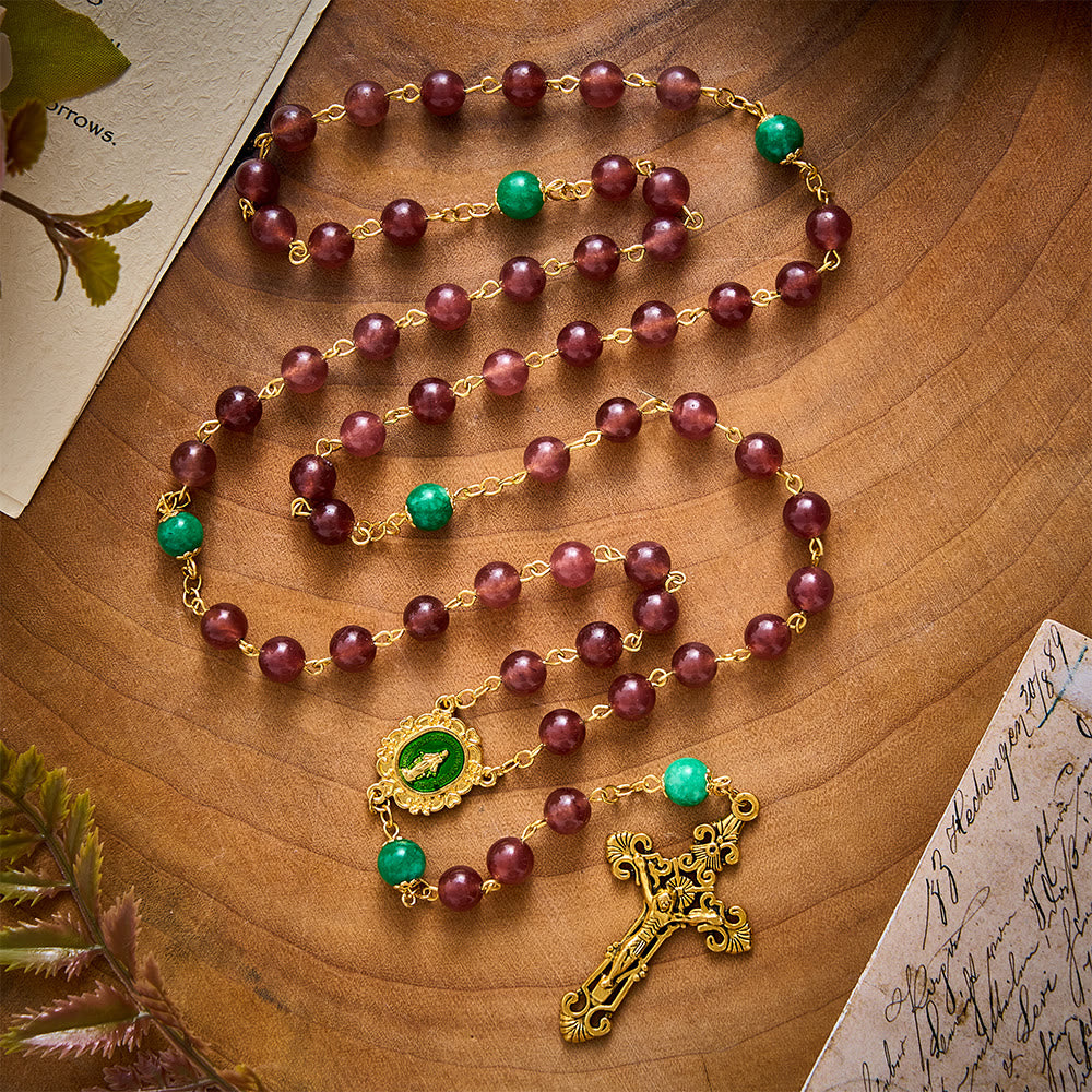 SolaceBeads Strawberry Quartz &amp; Green Jade Rosary With Miraculous Medal: Warm Blessing for Christmas - image 5