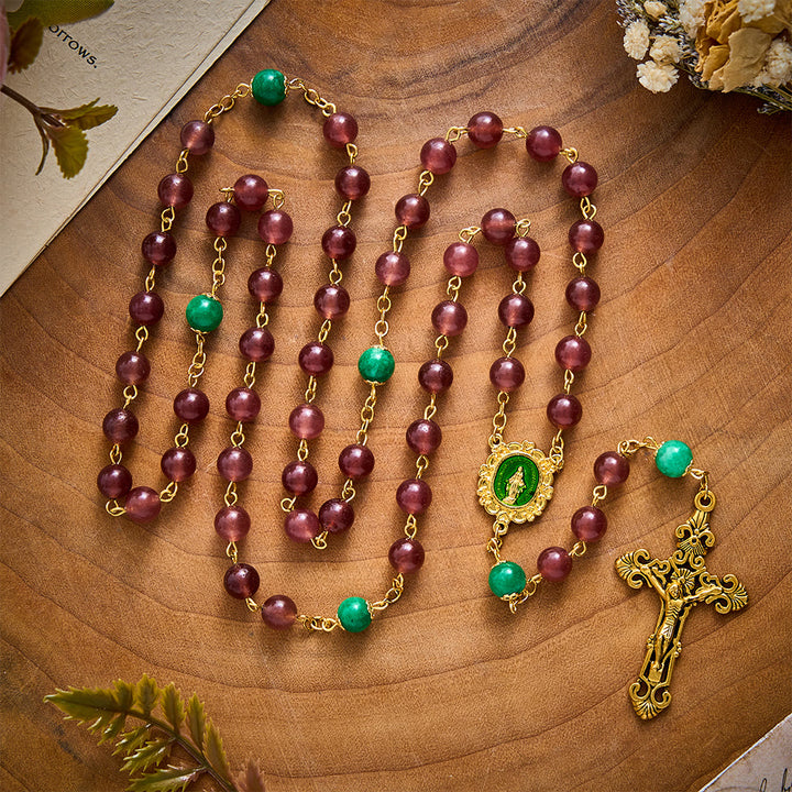 SolaceBeads Strawberry Quartz &amp; Green Jade Rosary With Miraculous Medal: Warm Blessing for Christmas - Red &amp; Green - image 0