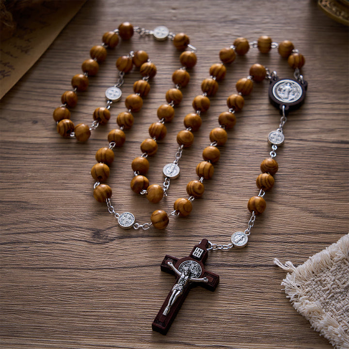 SolaceBeads Pine Wood Rosary With St. Benedict Medal &amp; Crucifix: Peace in Natural Grain - image 7