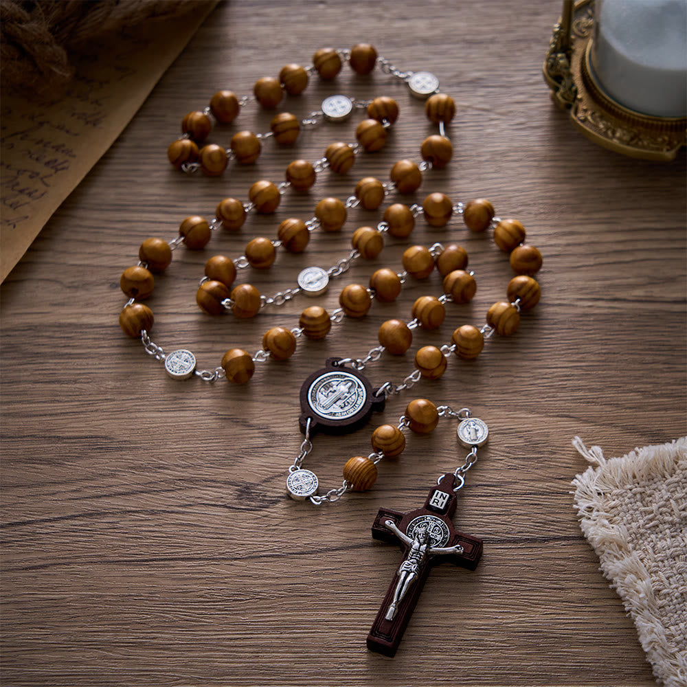 SolaceBeads Pine Wood Rosary With St. Benedict Medal &amp; Crucifix: Peace in Natural Grain - image 7