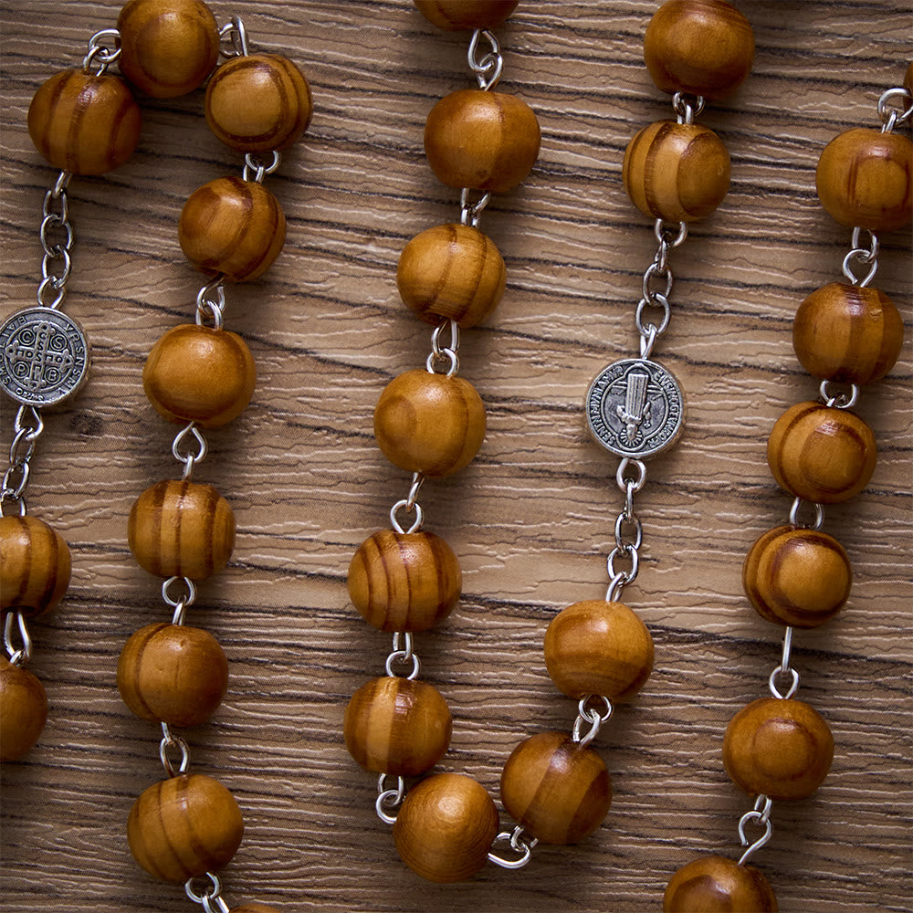 SolaceBeads Pine Wood Rosary With St. Benedict Medal &amp; Crucifix: Peace in Natural Grain - image 1