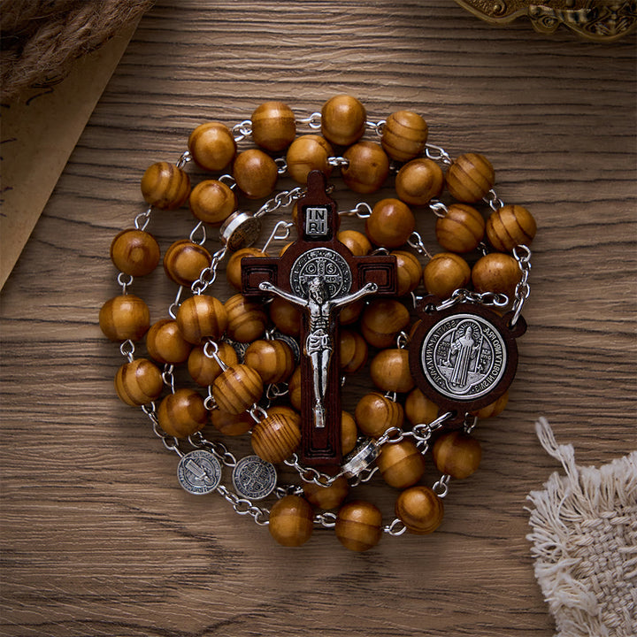 SolaceBeads Pine Wood Rosary With St. Benedict Medal &amp; Crucifix: Peace in Natural Grain - image 5