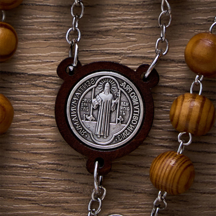 SolaceBeads Pine Wood Rosary With St. Benedict Medal &amp; Crucifix: Peace in Natural Grain - image 3