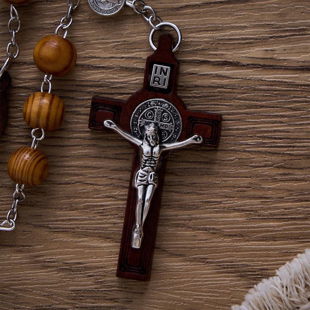 SolaceBeads Pine Wood Rosary With St. Benedict Medal &amp; Crucifix: Peace in Natural Grain - image 2