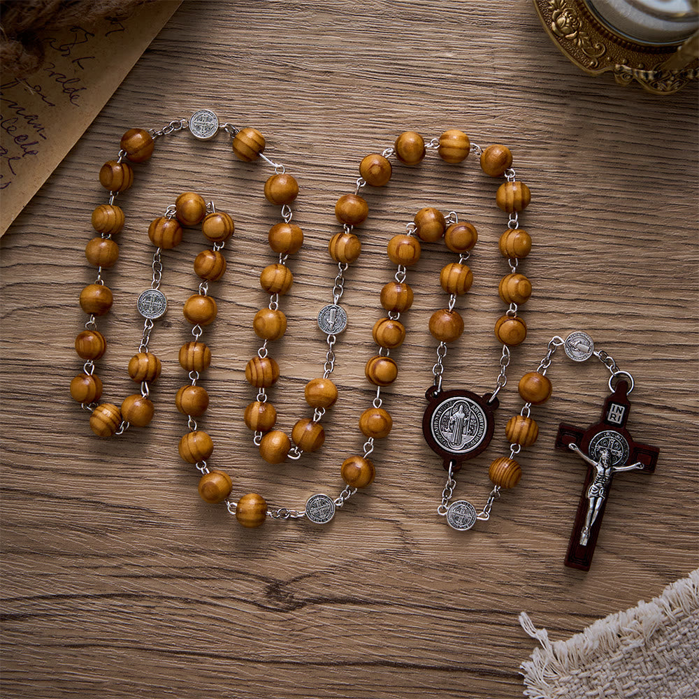SolaceBeads Pine Wood Rosary With St. Benedict Medal &amp; Crucifix: Peace in Natural Grain - Pine Wood - image 0