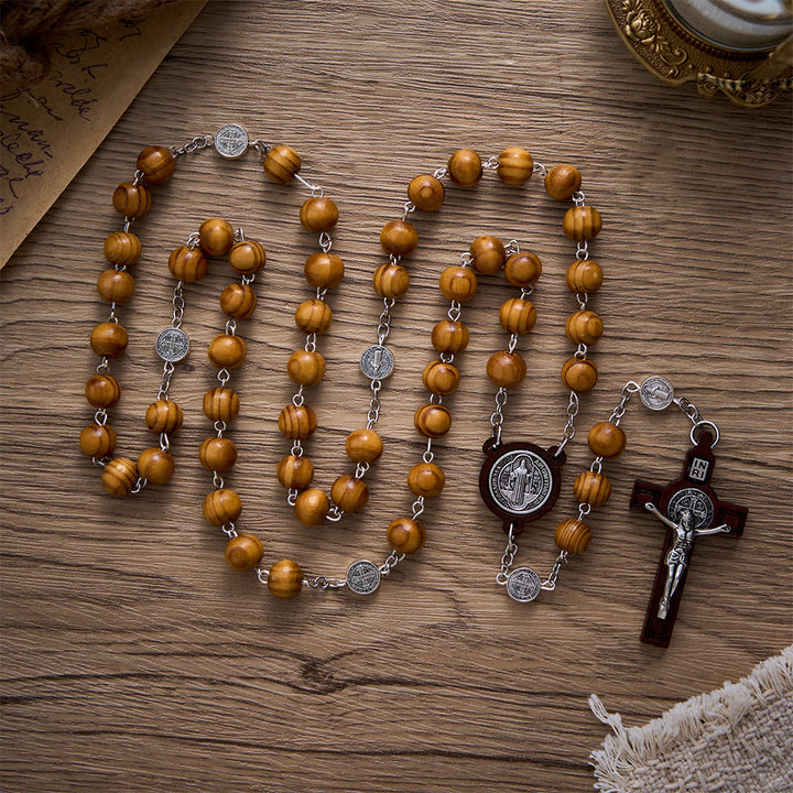 SolaceBeads Pine Wood Rosary With St. Benedict Medal &amp; Crucifix: Peace in Natural Grain - Pine Wood - image 0