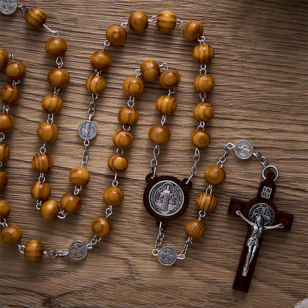 SolaceBeads Pine Wood Rosary With St. Benedict Medal &amp; Crucifix: Peace in Natural Grain - image 4