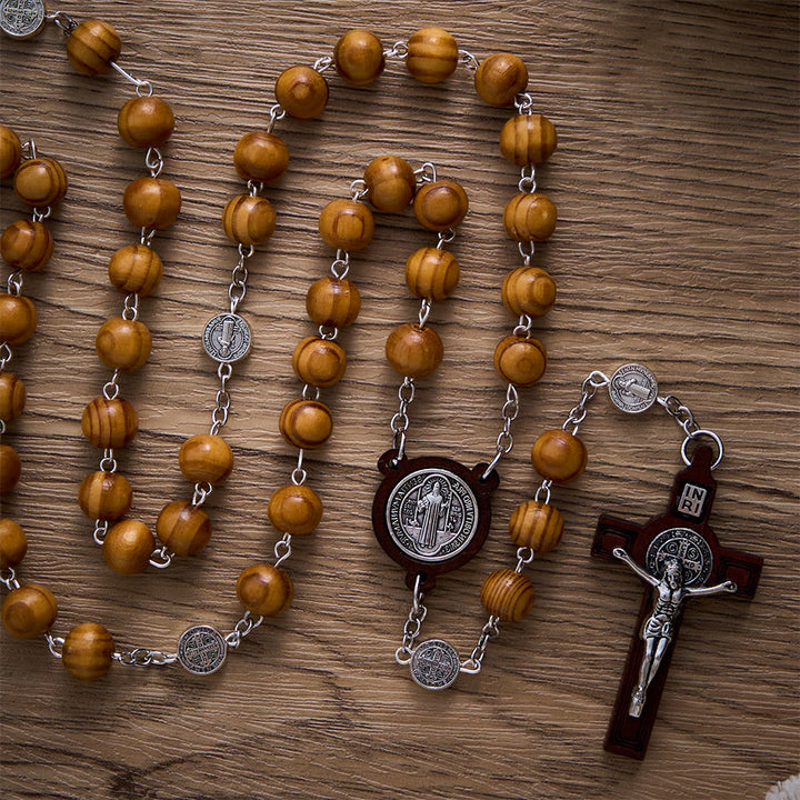 SolaceBeads Pine Wood Rosary With St. Benedict Medal &amp; Crucifix: Peace in Natural Grain - image 4