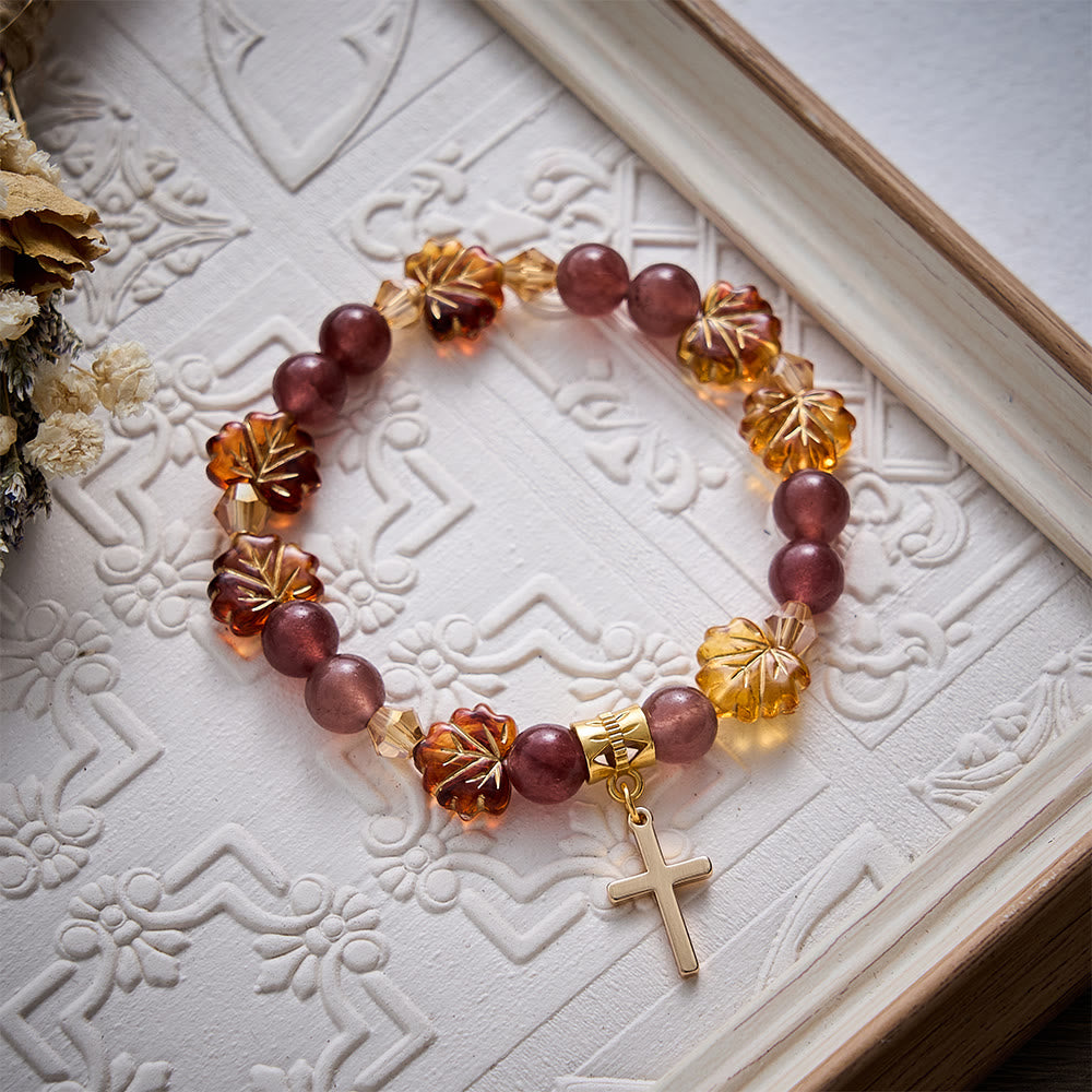 SolaceBeads Strawberry Quartz &amp; Maple Bead Bracelet With Cross: Warm Autumn Faith In Thanksgiving - image 5