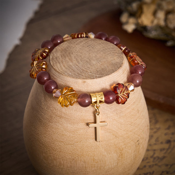 SolaceBeads Strawberry Quartz &amp; Maple Bead Bracelet With Cross: Warm Autumn Faith In Thanksgiving - image 1