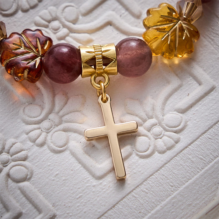 SolaceBeads Strawberry Quartz &amp; Maple Bead Bracelet With Cross: Warm Autumn Faith In Thanksgiving - image 4