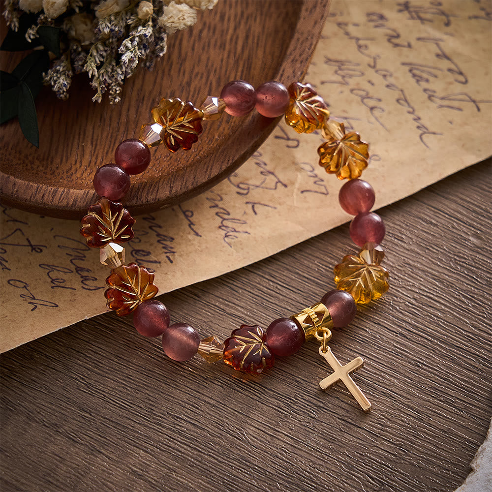 SolaceBeads Strawberry Quartz &amp; Maple Bead Bracelet With Cross: Warm Autumn Faith In Thanksgiving - Maple - image 0
