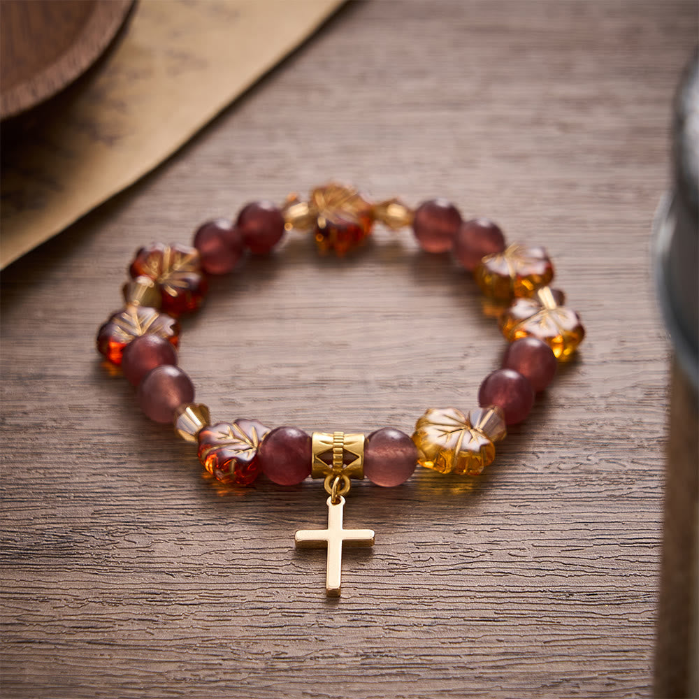 SolaceBeads Strawberry Quartz &amp; Maple Bead Bracelet With Cross: Warm Autumn Faith In Thanksgiving - image 5
