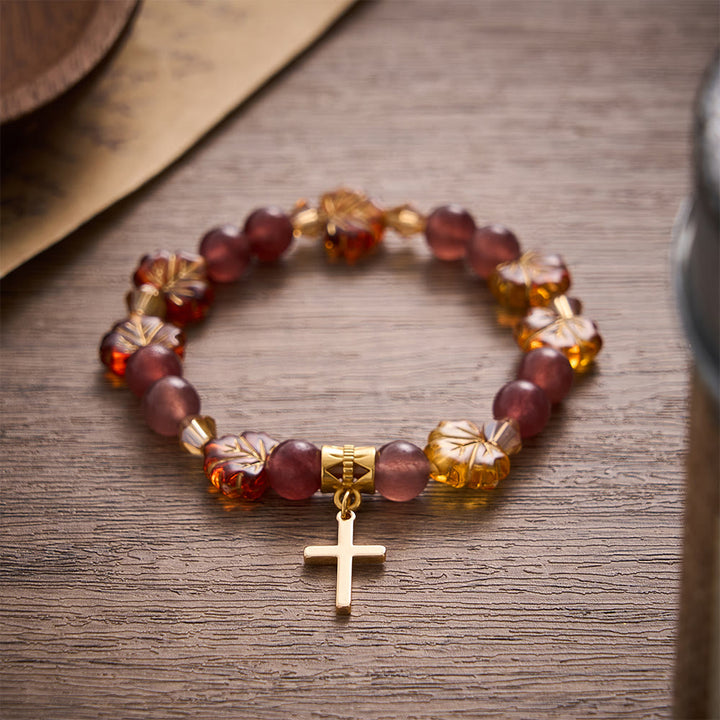 SolaceBeads Strawberry Quartz &amp; Maple Bead Bracelet With Cross: Warm Autumn Faith In Thanksgiving - image 5
