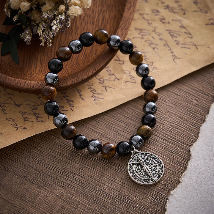SolaceBeads Tiger Eye &amp; Tourmaline St. Benedict Bracelet: Divine Protection, Courage - Black &amp; Brown - image 0