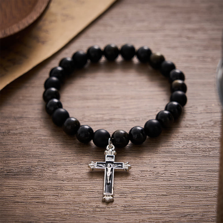 SolaceBeads Matte Onyx &amp; Gold Sheen Obsidian Crucifix Bracelet: Steadfast Faith, Divine Light - image 2