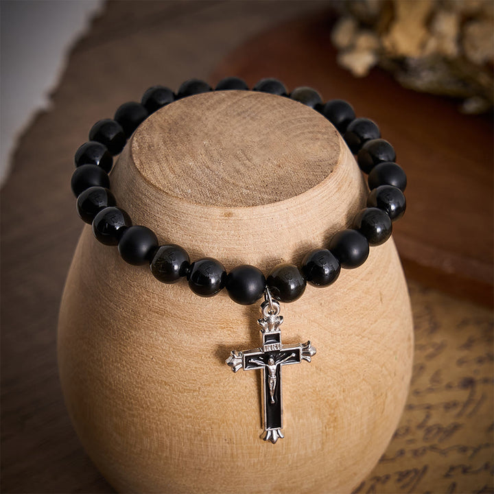 SolaceBeads Matte Onyx &amp; Gold Sheen Obsidian Crucifix Bracelet: Steadfast Faith, Divine Light - image 5