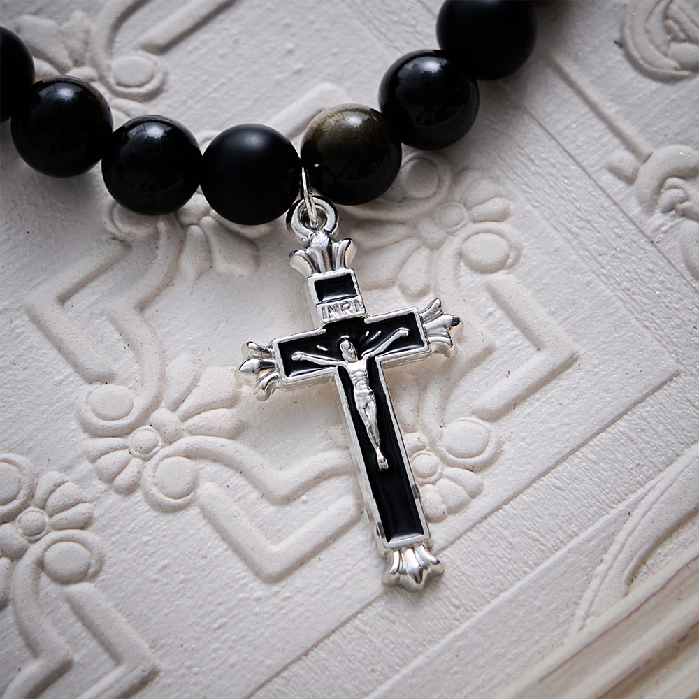 SolaceBeads Matte Onyx &amp; Gold Sheen Obsidian Crucifix Bracelet: Steadfast Faith, Divine Light - image 4