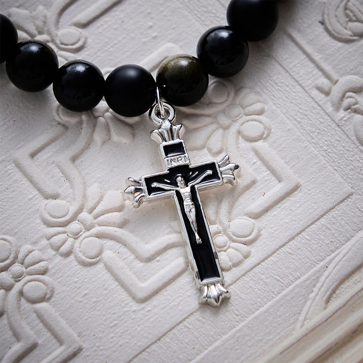 SolaceBeads Matte Onyx &amp; Gold Sheen Obsidian Crucifix Bracelet: Steadfast Faith, Divine Light - image 4