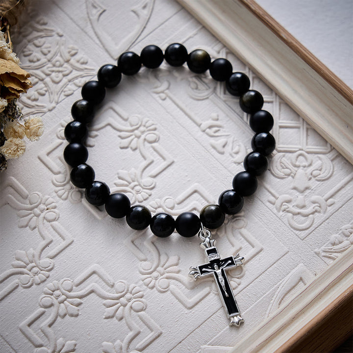 SolaceBeads Matte Onyx &amp; Gold Sheen Obsidian Crucifix Bracelet: Steadfast Faith, Divine Light - image 3