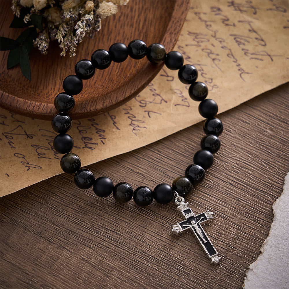SolaceBeads Matte Onyx &amp; Gold Sheen Obsidian Crucifix Bracelet: Steadfast Faith, Divine Light - Black - image 0