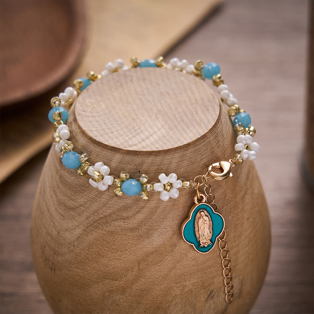 SolaceBeads Beaded Flower Our Lady of Guadalupe Bracelet: Gentle Hope, Heavenly Grace - Blue & White - image 0