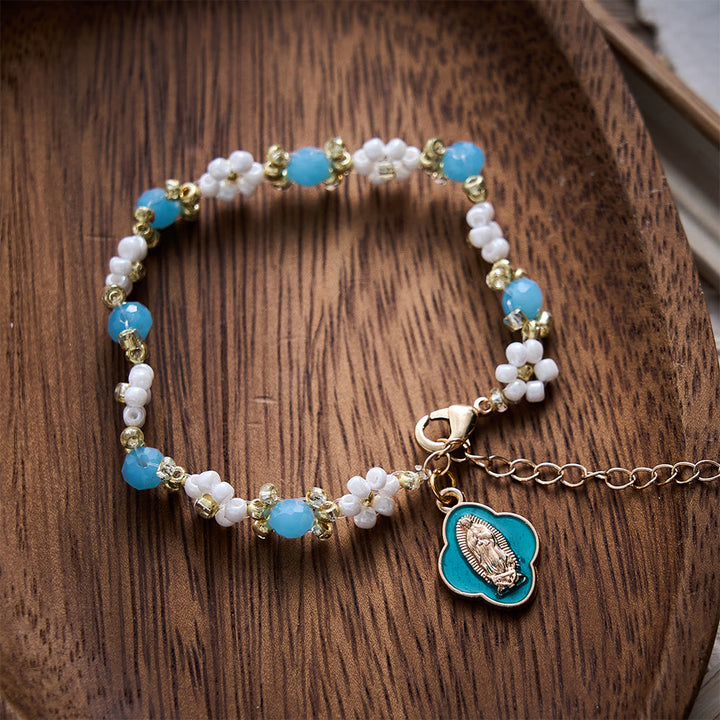 SolaceBeads Beaded Flower Our Lady of Guadalupe Bracelet: Gentle Hope, Heavenly Grace - Blue &amp; White - image 0