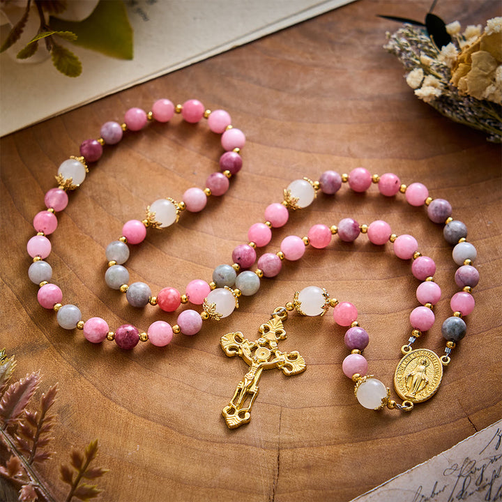 SolaceBeads Colorful Jade &amp; White Glass Miraculous Medal Rosary: Serene Grace, Gentle Comfort - image 3