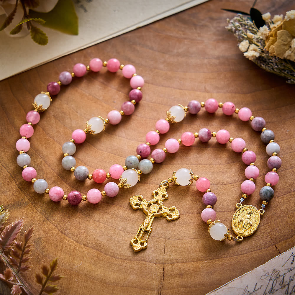 SolaceBeads Colorful Jade &amp; White Glass Miraculous Medal Rosary: Serene Grace, Gentle Comfort - image 2