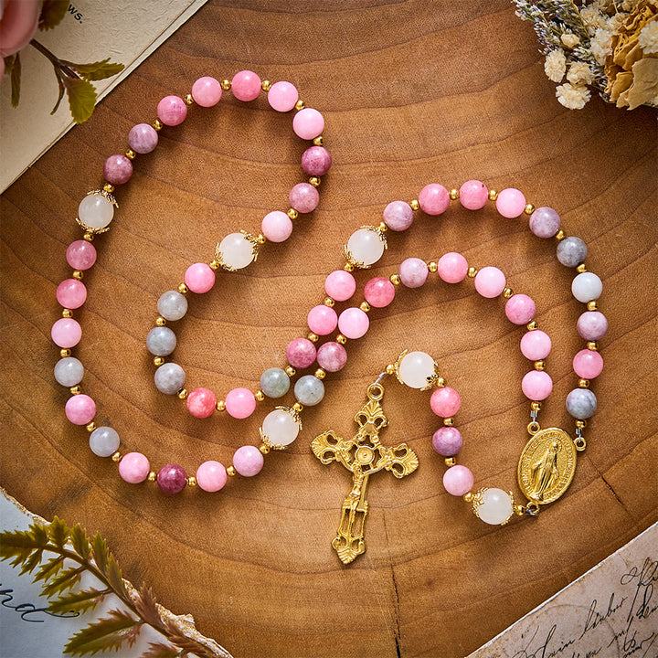 SolaceBeads Colorful Jade &amp; White Glass Miraculous Medal Rosary: Serene Grace, Gentle Comfort - image 1