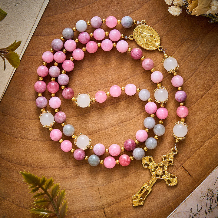 SolaceBeads Colorful Jade &amp; White Glass Miraculous Medal Rosary: Serene Grace, Gentle Comfort - Colorful - image 0
