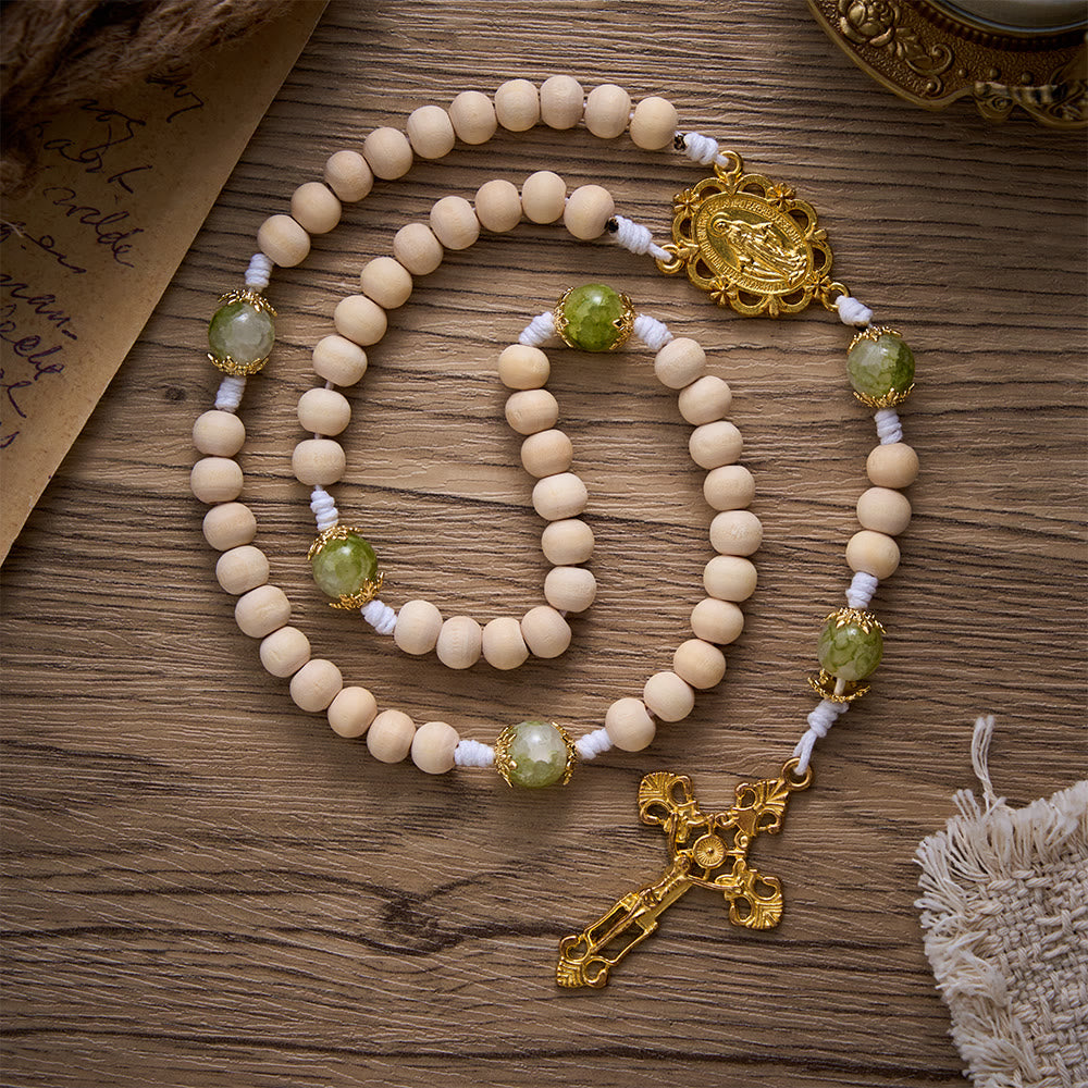 SolaceBeads Natural Wood &amp; Green Glass Miraculous Medal Wood Rosary: Serene Peace &amp; Faith - Natural Hemu Wood - image 0