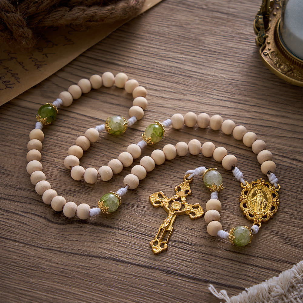 SolaceBeads Natural Wood &amp; Green Glass Miraculous Medal Wood Rosary: Serene Peace &amp; Faith - image 3