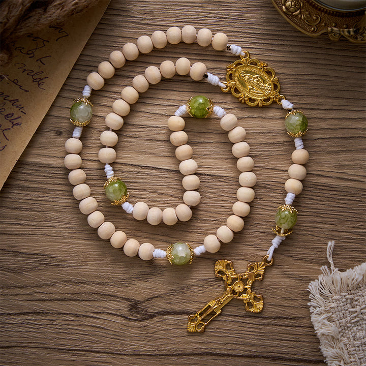 SolaceBeads Natural Wood &amp; Green Glass Miraculous Medal Wood Rosary: Serene Peace &amp; Faith - Natural Hemu Wood - image 0