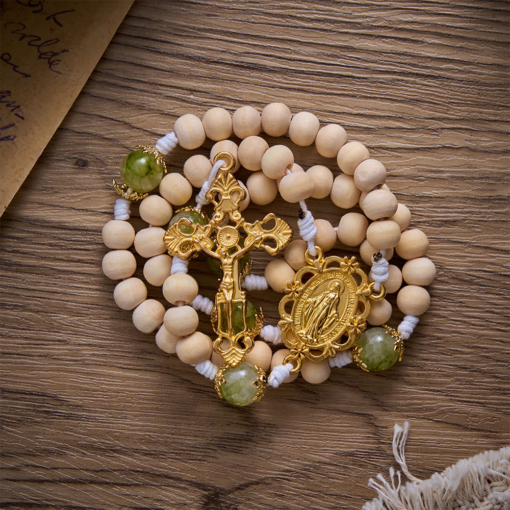 SolaceBeads Natural Wood &amp; Green Glass Miraculous Medal Wood Rosary: Serene Peace &amp; Faith - image 9
